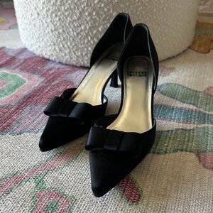 Stuart Weitzman Black Satin Bow Kitten Heels
